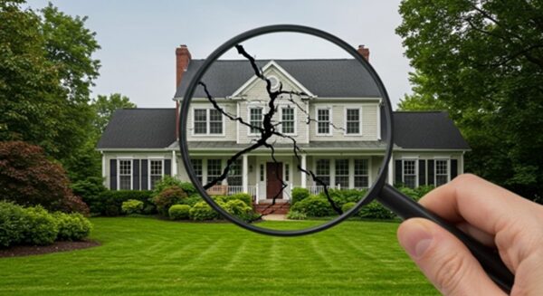 A magnifying glass held over an image of a suburban house in Indiana, with large black cracks appearing through the lens to represent property damage and needed repairs.
