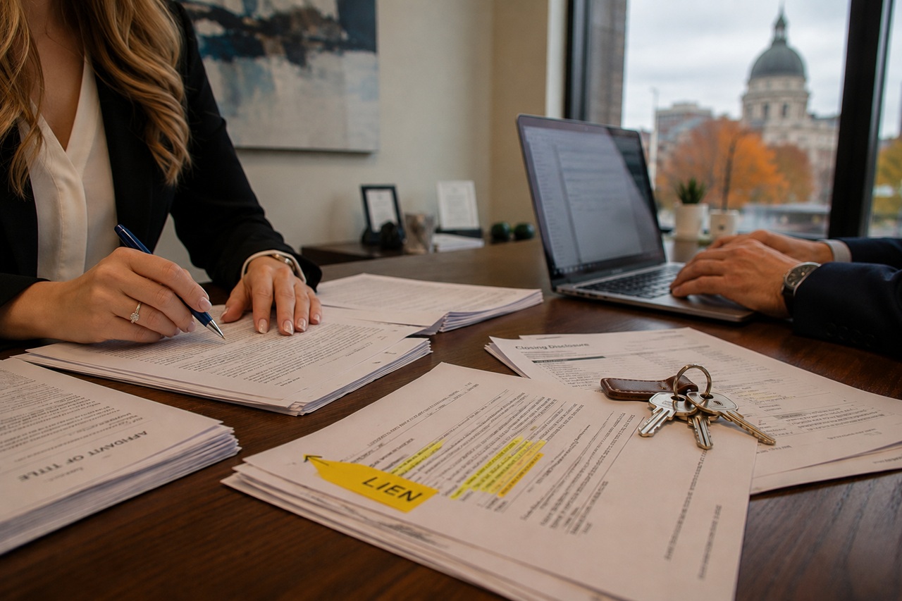 A woman review-signing real estate documents at a wooden office desk next to legal paperwork with a yellow "LIEN" sticky tag and a set of house keys, while a man works on a laptop in front of a window overlooking the Indiana State House dome.