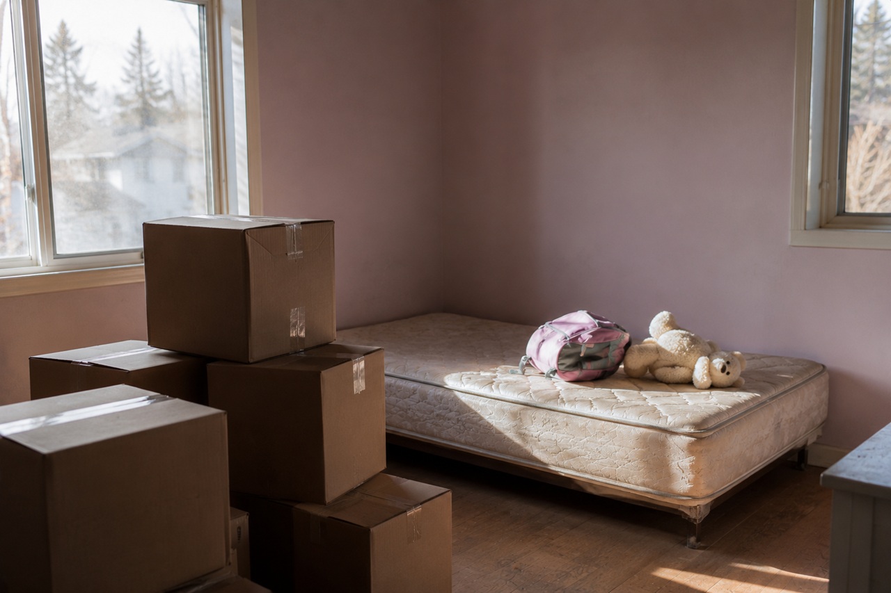 An empty child's bedroom with pink walls during a move, featuring a stack of taped cardboard packing boxes in the foreground. In the background, a bare mattress sits on a frame with a pink backpack and a plush teddy bear left on top, illuminated by natural light from an adjacent window.